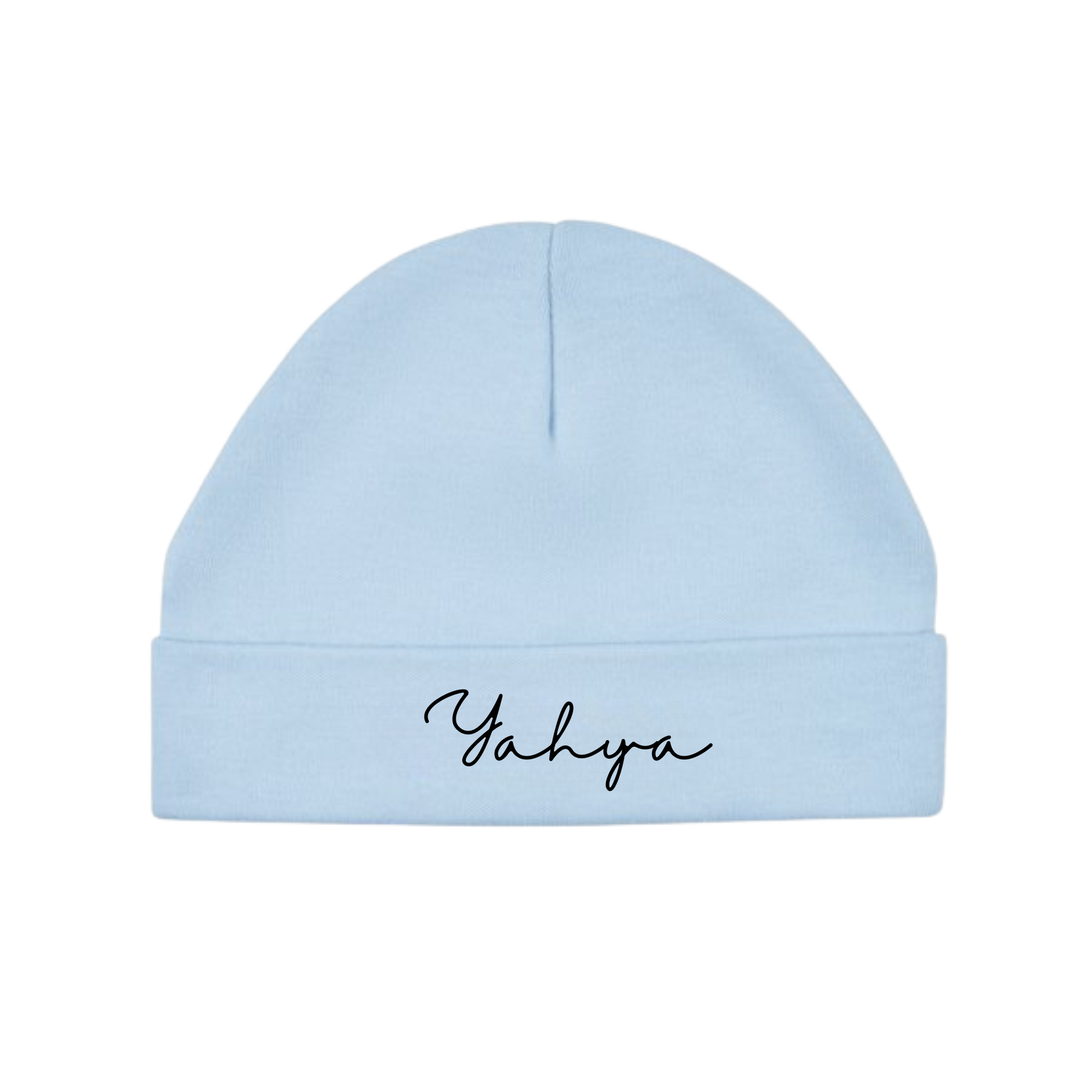 Personalised classic baby beanie hat in cerulean blue with custom text