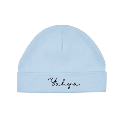 Personalised classic baby beanie hat in cerulean blue with custom text