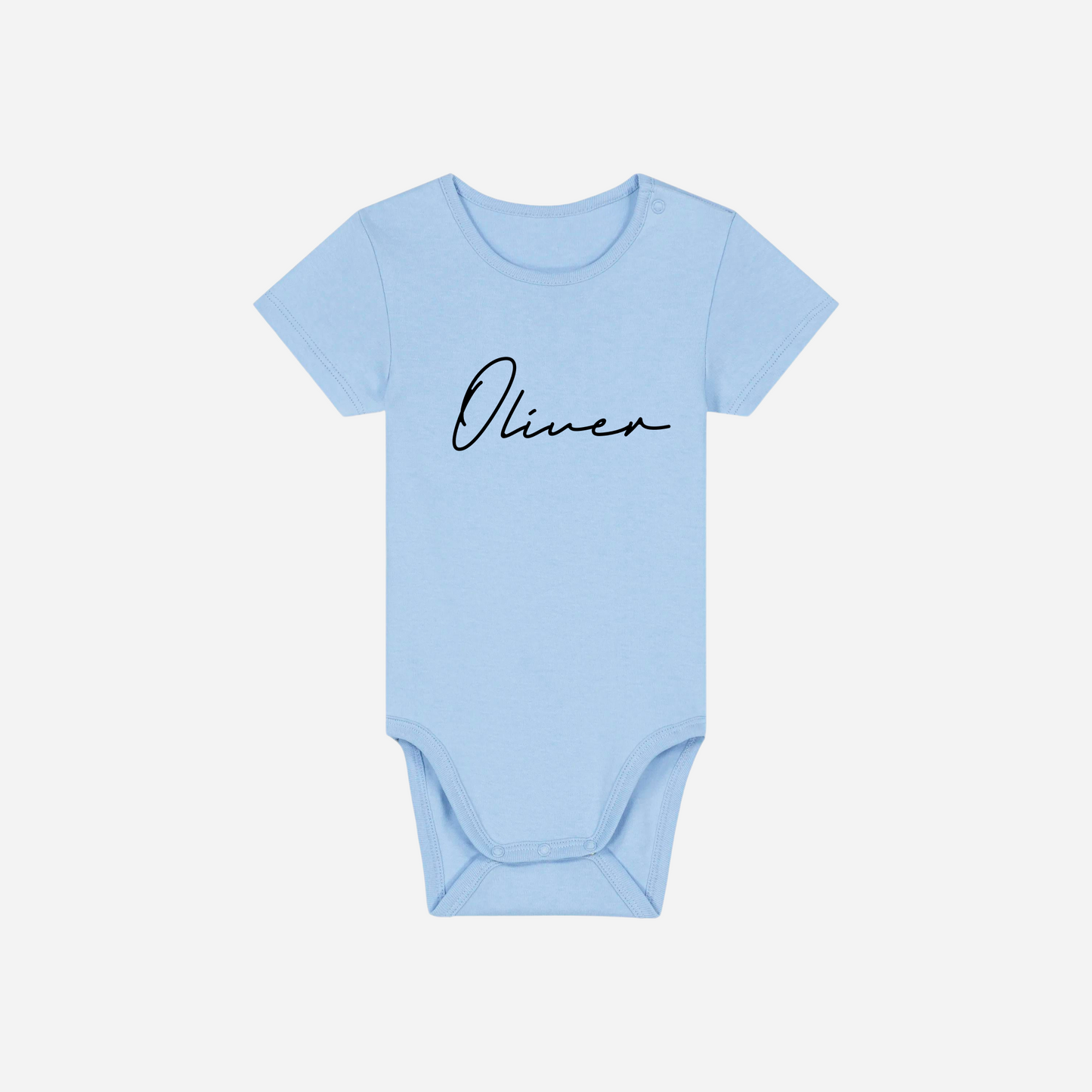 Personalised gots organic baby bodysuit in blue soul with custom text