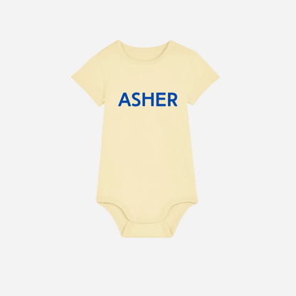 Personalised gots organic baby bodysuit in butter with custom text