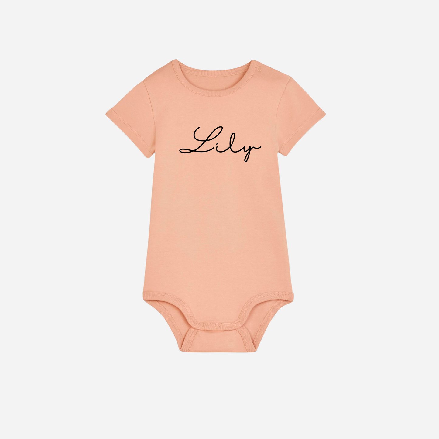 Personalised gots organic baby bodysuit in fraiche peach with custom text