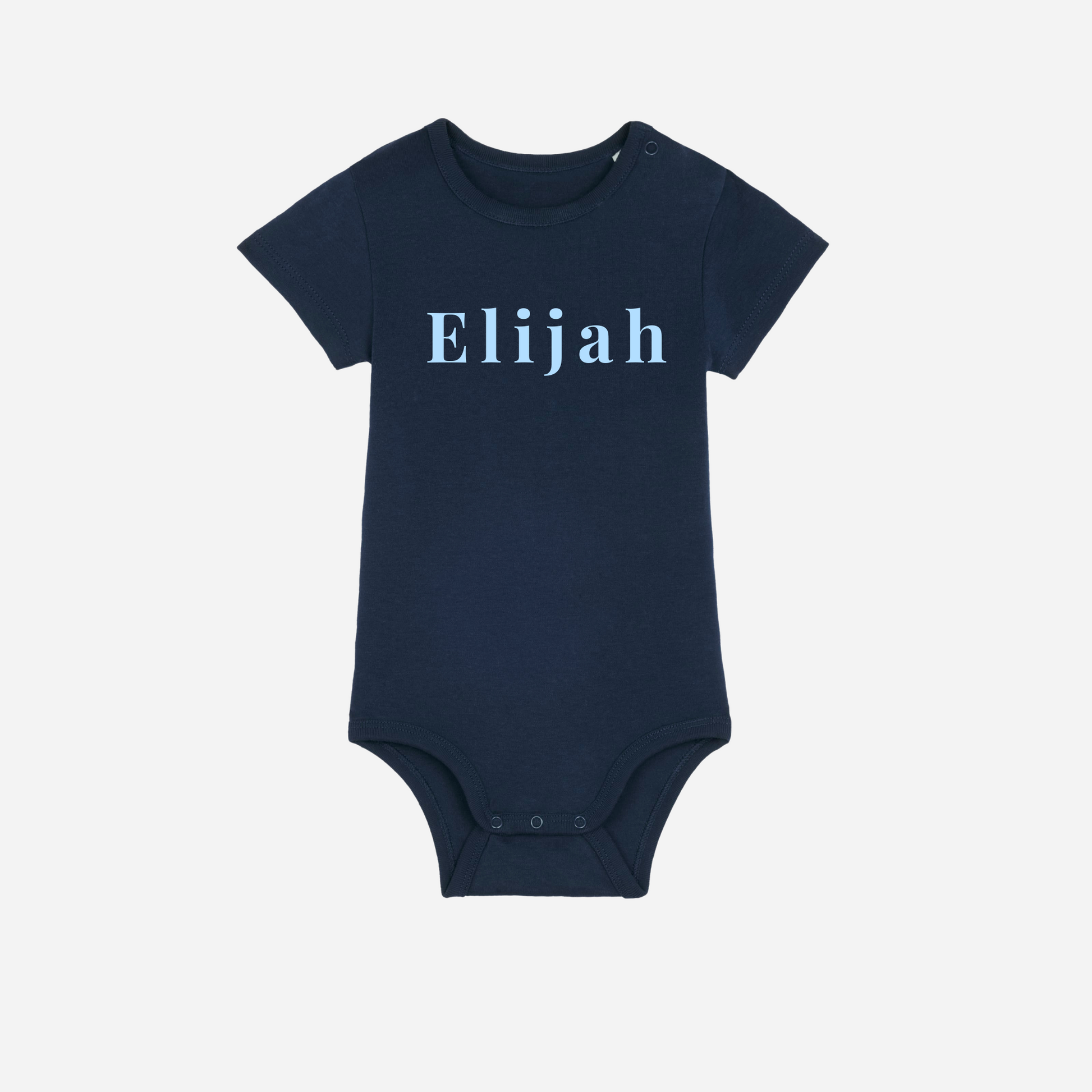 Personalised gots organic baby bodysuit in french navy with custom text