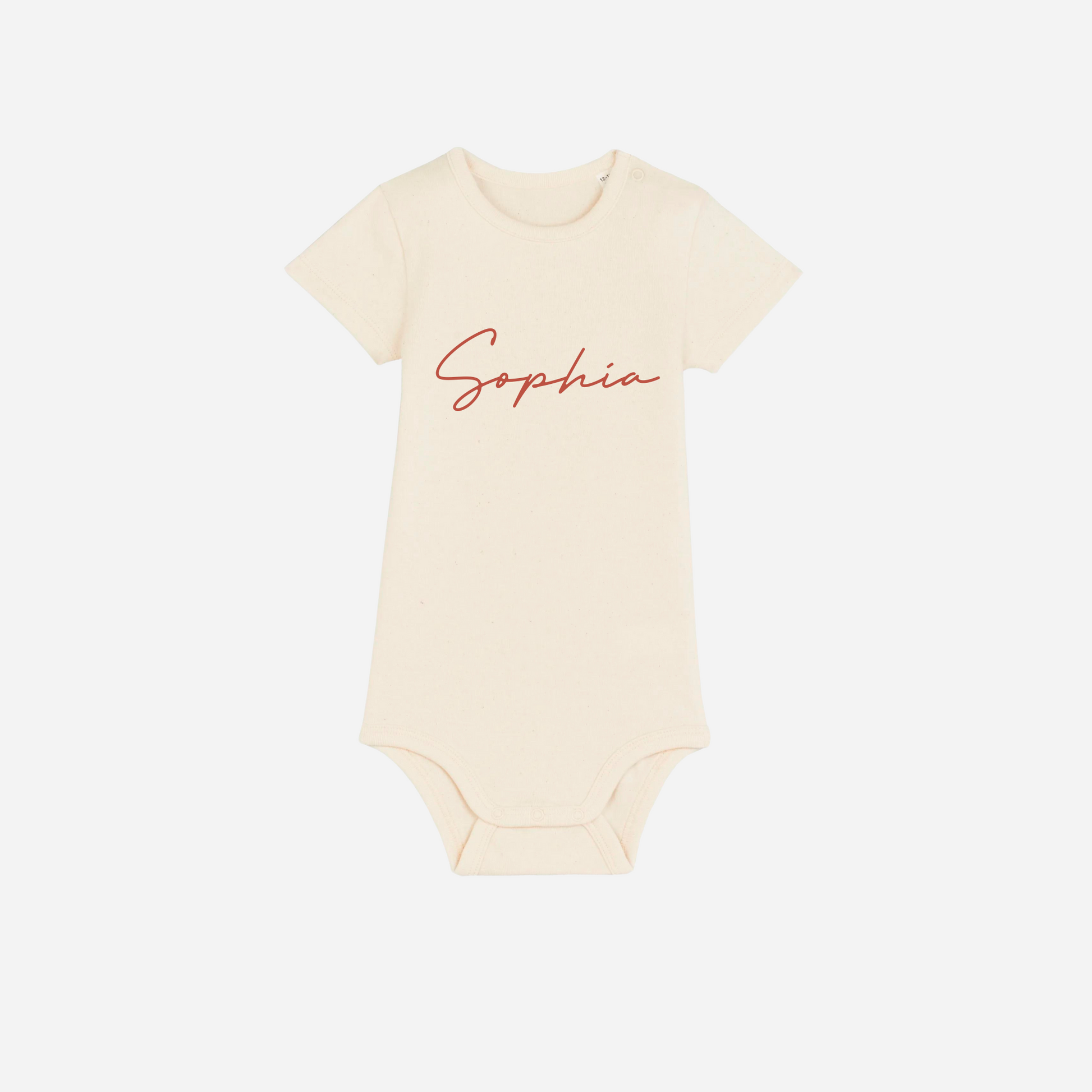 Personalised gots organic baby bodysuit in natural raw with custom text