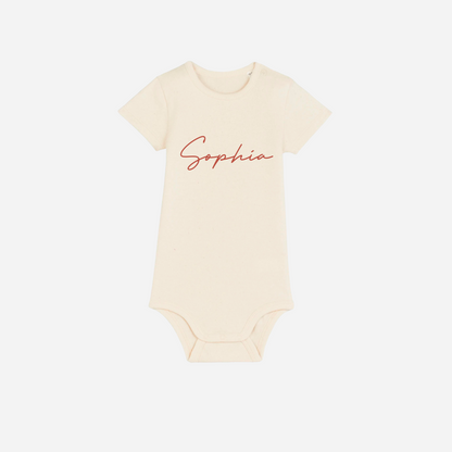 Personalised gots organic baby bodysuit in natural raw with custom text