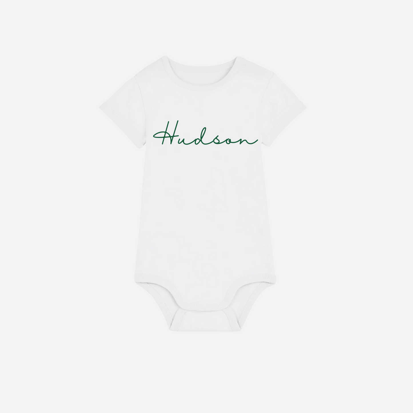 Personalised gots organic baby bodysuit in white with custom text