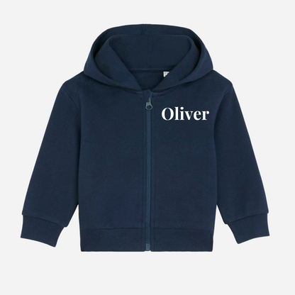 Personalised GOTS organic baby zip jacket in colour french navy