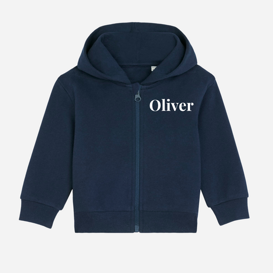 Personalised GOTS organic baby zip jacket in colour french navy