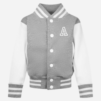 Personalised kids varsity jacket in colour grey and white