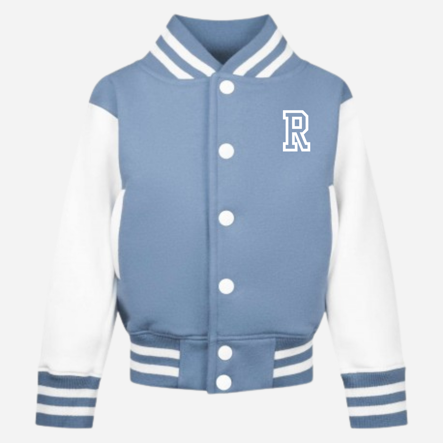 Personalised kids varsity jacket in colour stone blue and white