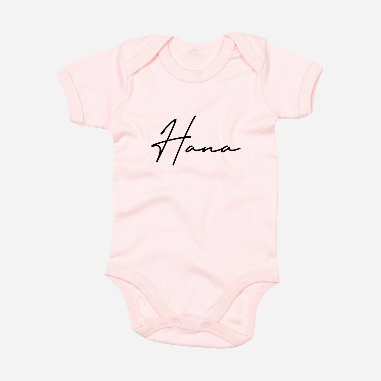 Personalised organic baby bodysuit in dusty pink with custom text