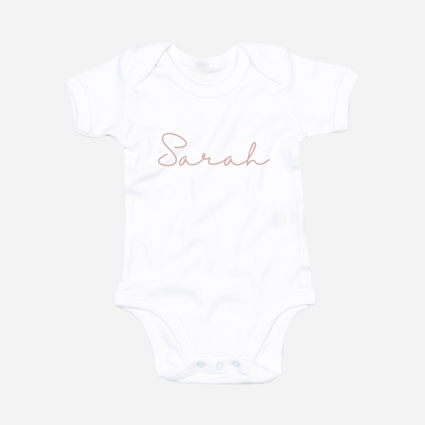 Personalised organic baby bodysuit in white with custom text