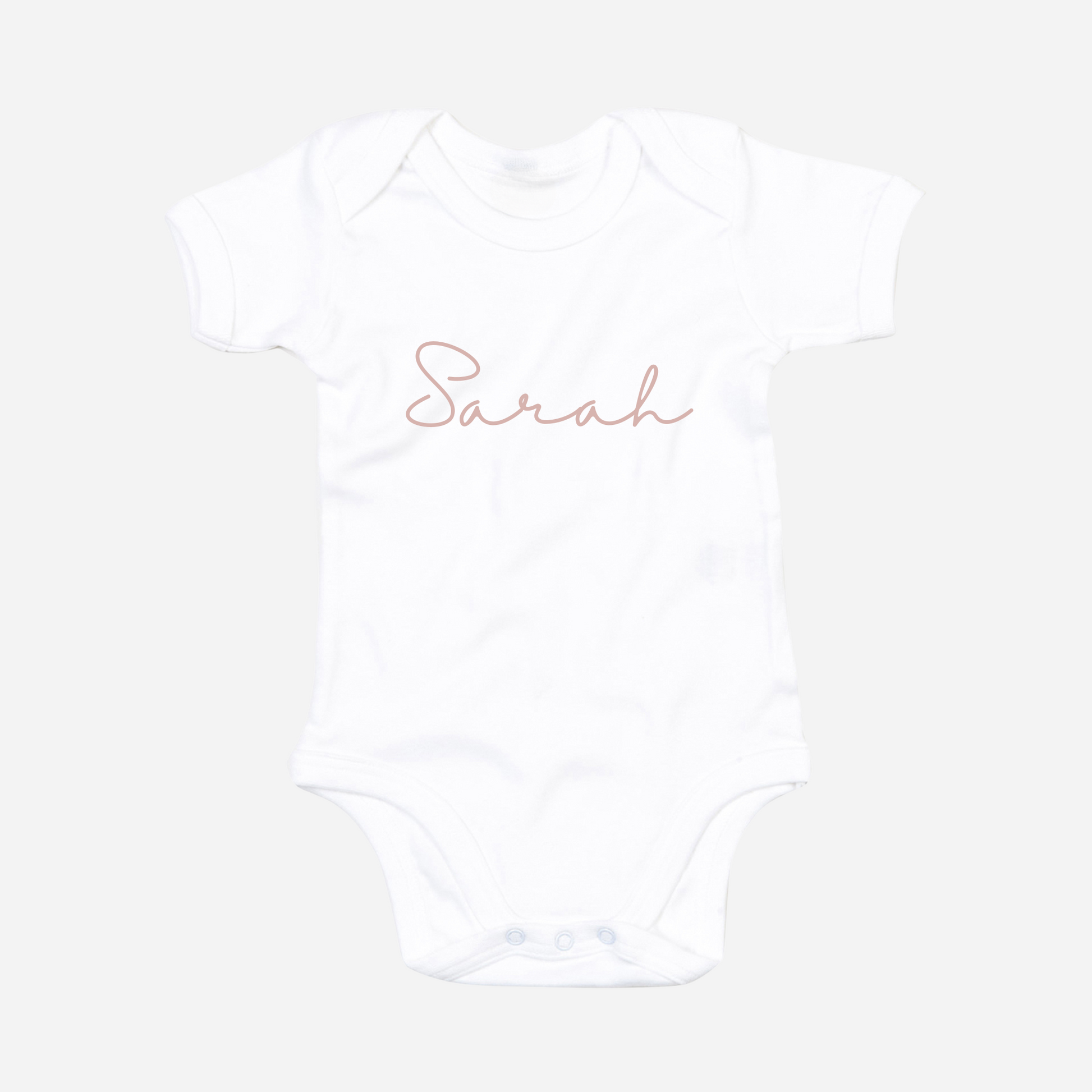 Personalised organic baby bodysuit in white with custom text