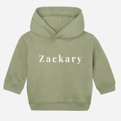 Personalised organic baby hoodie in soft olive