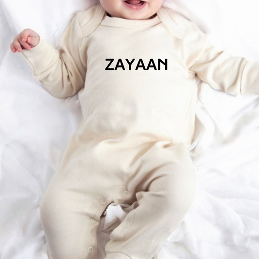 Personalised organic baby sleepsuit in colour organic natural